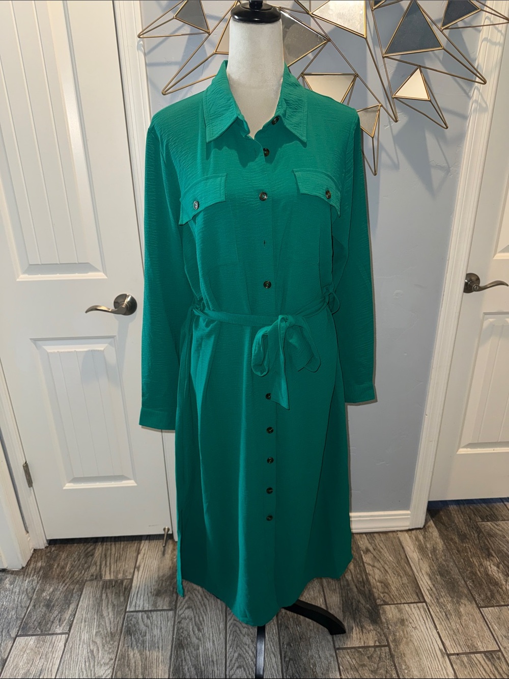 DKNY Emerald Green Button-Front Midi Shirt Dress